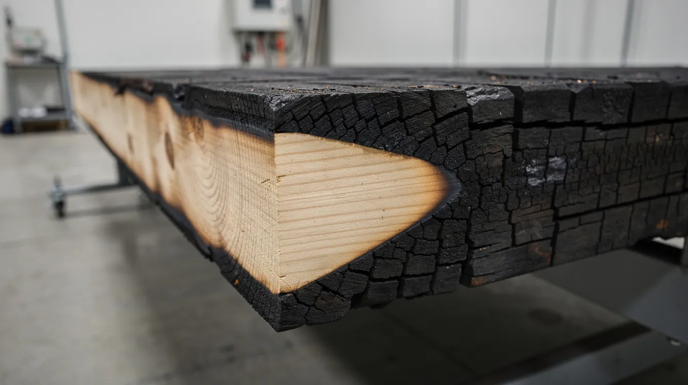 Mass Engineered Timber (MET) and Hybrid Structural Systems: Carbon Reduction in Local Construction The image depicts a large mass timber beam with a dark charred outer layer, revealing an intact light-coloured structural wood core after undergoing a fire test, highlighting the fire resistance and structural integrity of mass timber construction. This showcases the potential of engineered wood products in sustainable building practices, contributing to reduced carbon footprints and environmental sustainability in the construction sector.