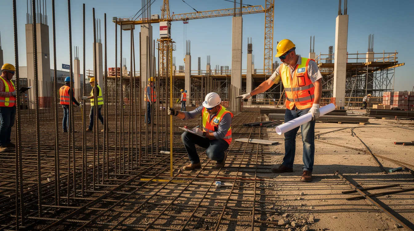 Qualified Persons (QP) vs Professional Engineers (PE) Roles in Singapore: What Commercial Building Owners Must Know A group of construction workers, wearing safety helmets and vests, are inspecting steel reinforcement at a commercial building site, ensuring compliance with safety laws and applicable codes. Their roles as qualified persons involve evaluating the structural integrity and adherence to statutory duties, highlighting the importance of professional responsibility in construction projects.