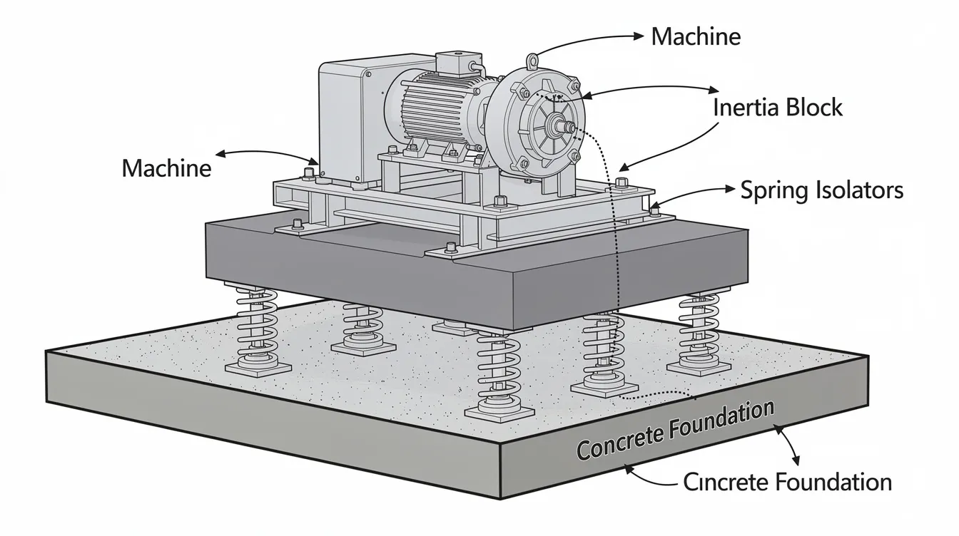 Structural Engineering for Industrial and Logistics Facilities High Load Slabs Heavy Equipment Frames The image depicts a conceptual diagram of a heavy industrial machine mounted on an inertia block, equipped with spring isolators, positioned above a robust concrete foundation. This design emphasizes structural integrity and efficient load distribution, showcasing the essential components of industrial buildings and the importance of specialized structural solutions in maintaining structural performance under dynamic loads.