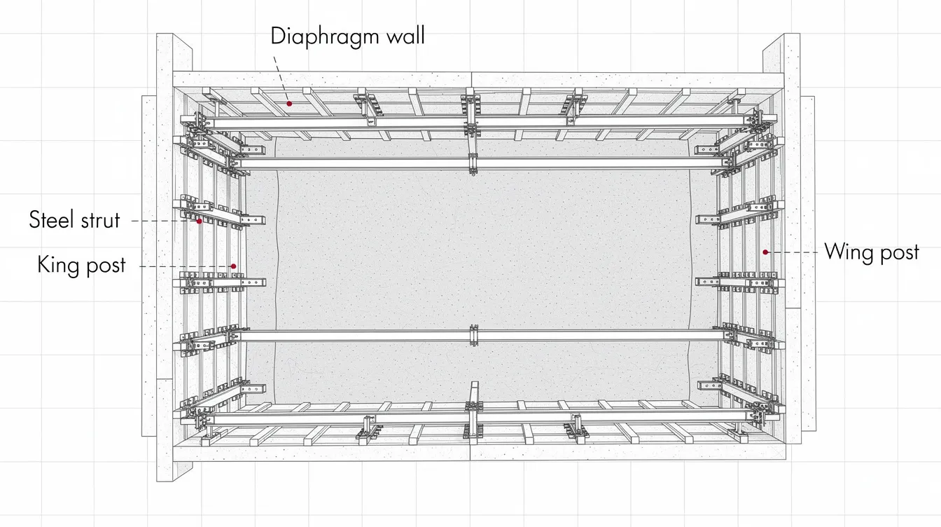 Earth Retaining & Stabilising Structures (ERSS) in Deep Excavations: Managing Geotechnical Risk in Singapore The image depicts a plan view of a deep excavation, showcasing steel struts that span between diaphragm walls, reinforced with king posts and waler beams, essential components of earth retaining structures in excavation and tunneling projects. This setup is crucial for managing geotechnical risk and ensuring the stability of adjacent buildings during the construction process.