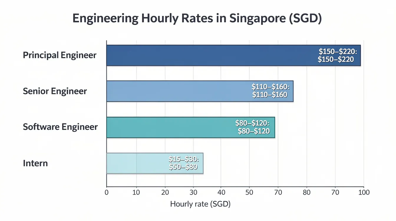 Fee Structures in Singapore C S Consultancies Time Based: A Procurement Guide for 2026 The image depicts a horizontal bar chart illustrating five engineering role categories in Singapore, arranged by their hourly rate ranges from highest to lowest. This chart provides insights into professional fees and cost management within the construction sector, reflecting market conditions and the complexities of various projects.