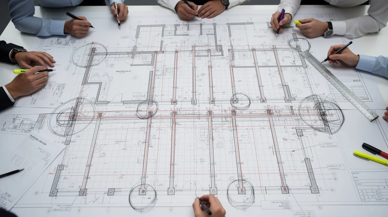 Common Pitfalls in Authority Plan Submissions – And How a Proactive C&S Consultant Avoids Them The image depicts overlapping architectural and structural floor plans on a coordination review table, highlighting misaligned column grids and beam positions, which can lead to costly mistakes and project delays in the construction process. This visual emphasizes the importance of proper planning and clear communication among project teams to avoid common pitfalls during the submission process.