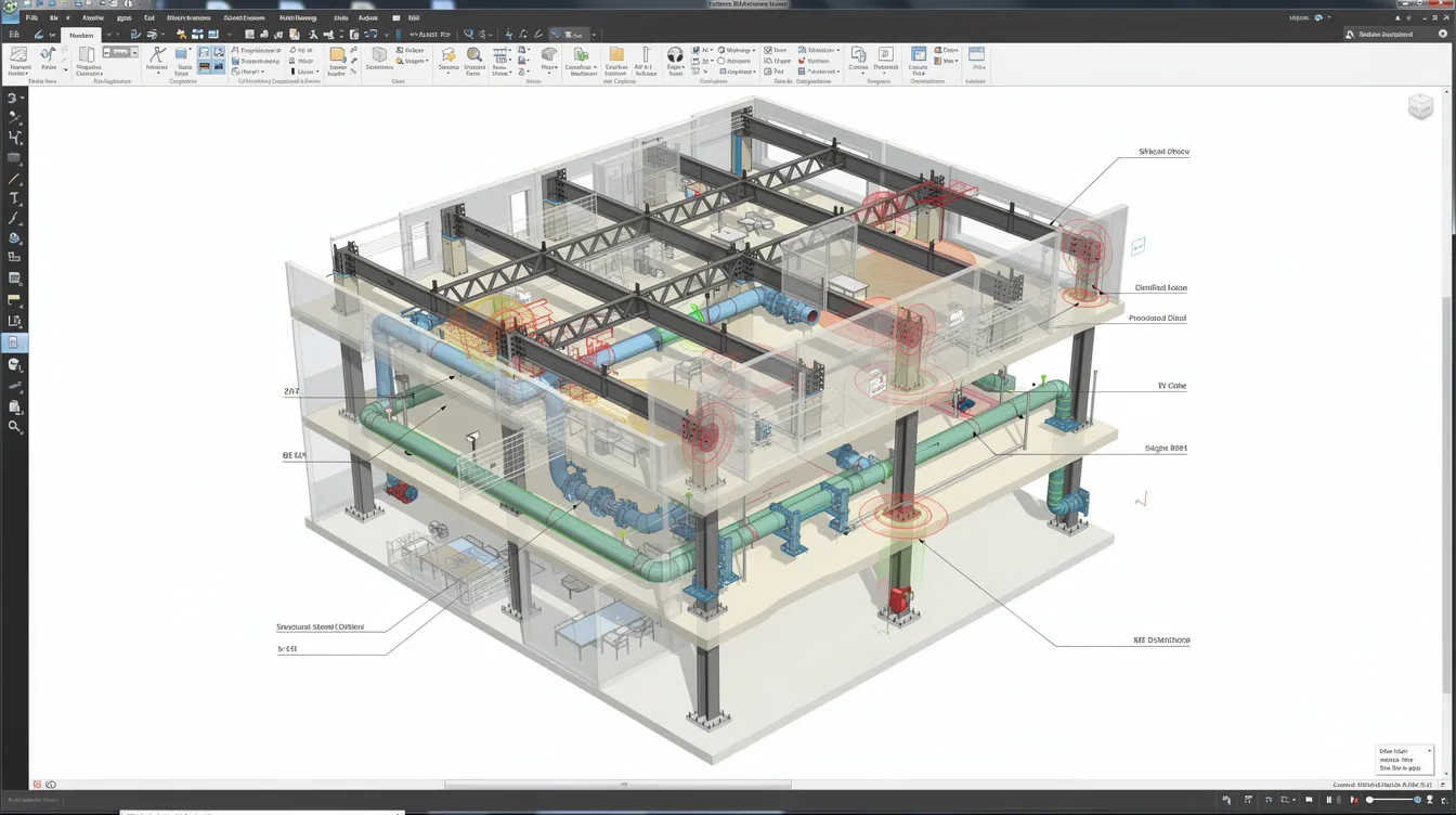 Integrated Digital Delivery (IDD) and Structural BIM Federation in Singapore Projects The image depicts a federated BIM model showcasing structural beams, M&E ductwork, and architectural elements, with highlighted areas indicating clash detection. This visualization emphasizes the importance of integrated digital delivery in the construction process, enhancing collaboration among project stakeholders and improving decision-making throughout the building life cycle.