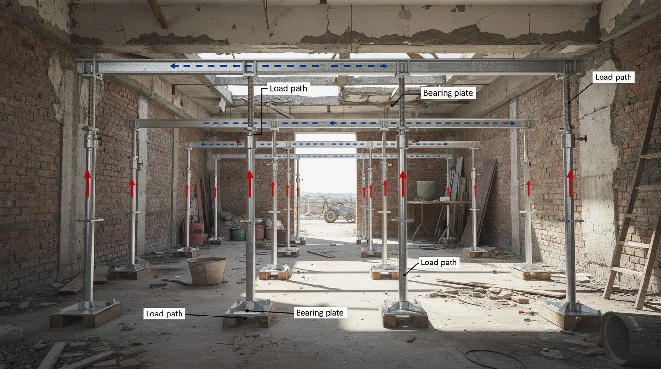 Structural Demolition Design Safety Plans: Sequence, Party Walls & Temporary Works PE Endorsements The image depicts a modular steel propping system installed inside a partially demolished shophouse, featuring clearly labelled load paths and bearing plates. This temporary works structure is essential for ensuring safety and stability during the demolition process, protecting both workers and existing structures.
