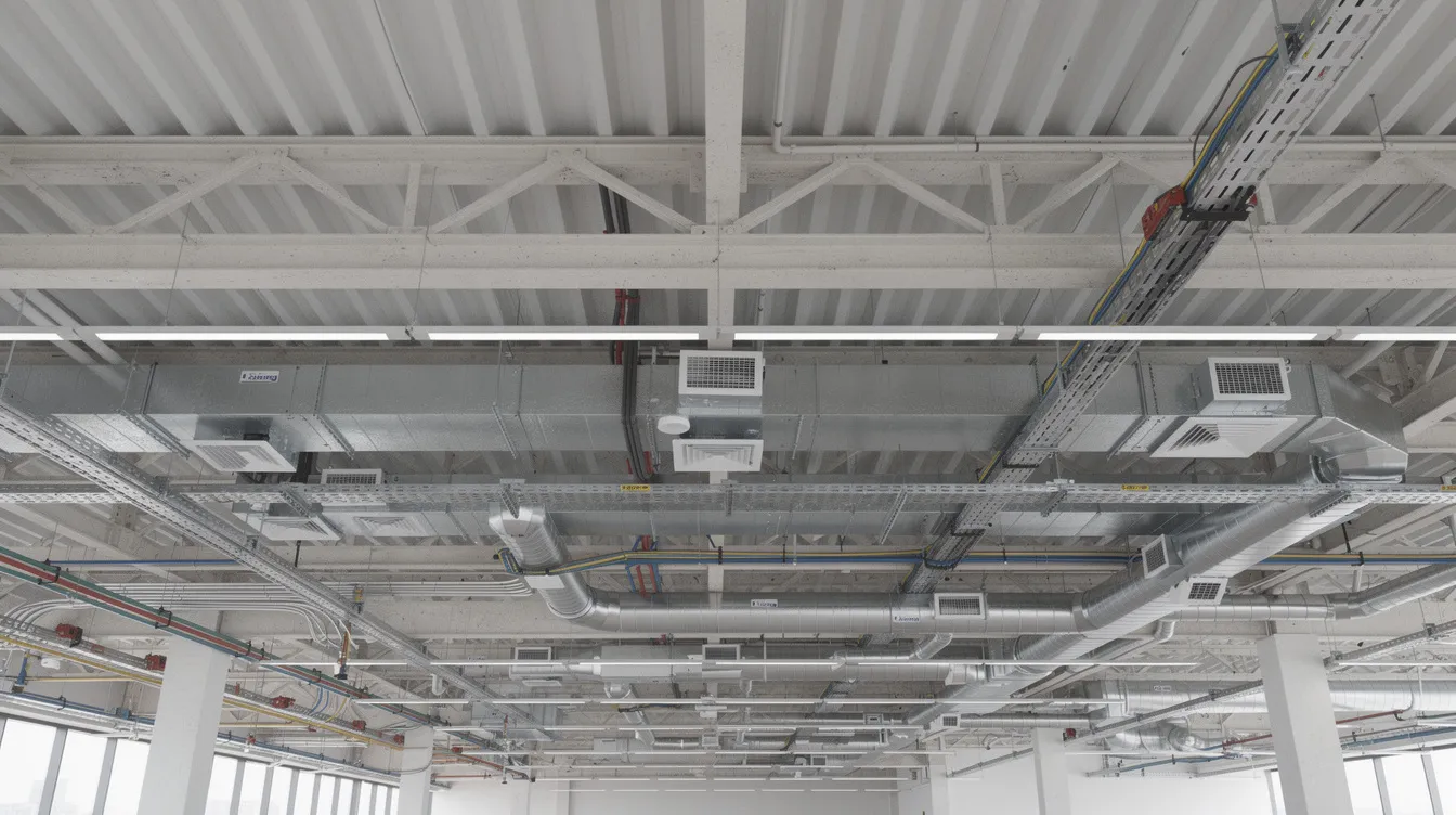 Design and Build: A Complete Guide for Construction Projects in Singapore The image depicts a coordinated building services installation in a residential ceiling void, featuring neatly arranged ducts and structural beams, showcasing an organized design and build approach.
