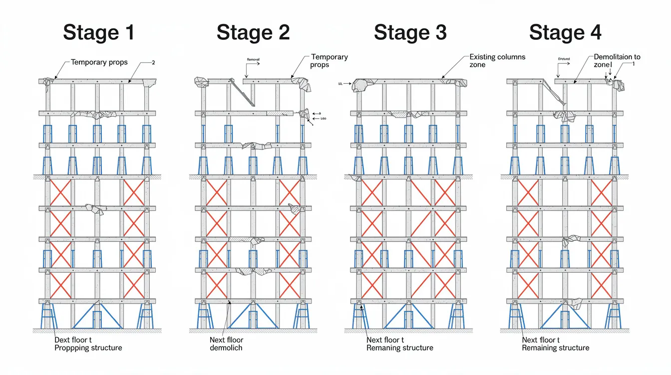 Structural Demolition Design Safety Plans: Sequence, Party Walls & Temporary Works PE Endorsements The image depicts an annotated sequence diagram illustrating the staged floor-by-floor demolition of a multi-storey building, highlighting the use of temporary propping at each level to ensure safety and structural stability during the demolition process. This careful planning is crucial for protecting workers and preventing accidents on the construction site.