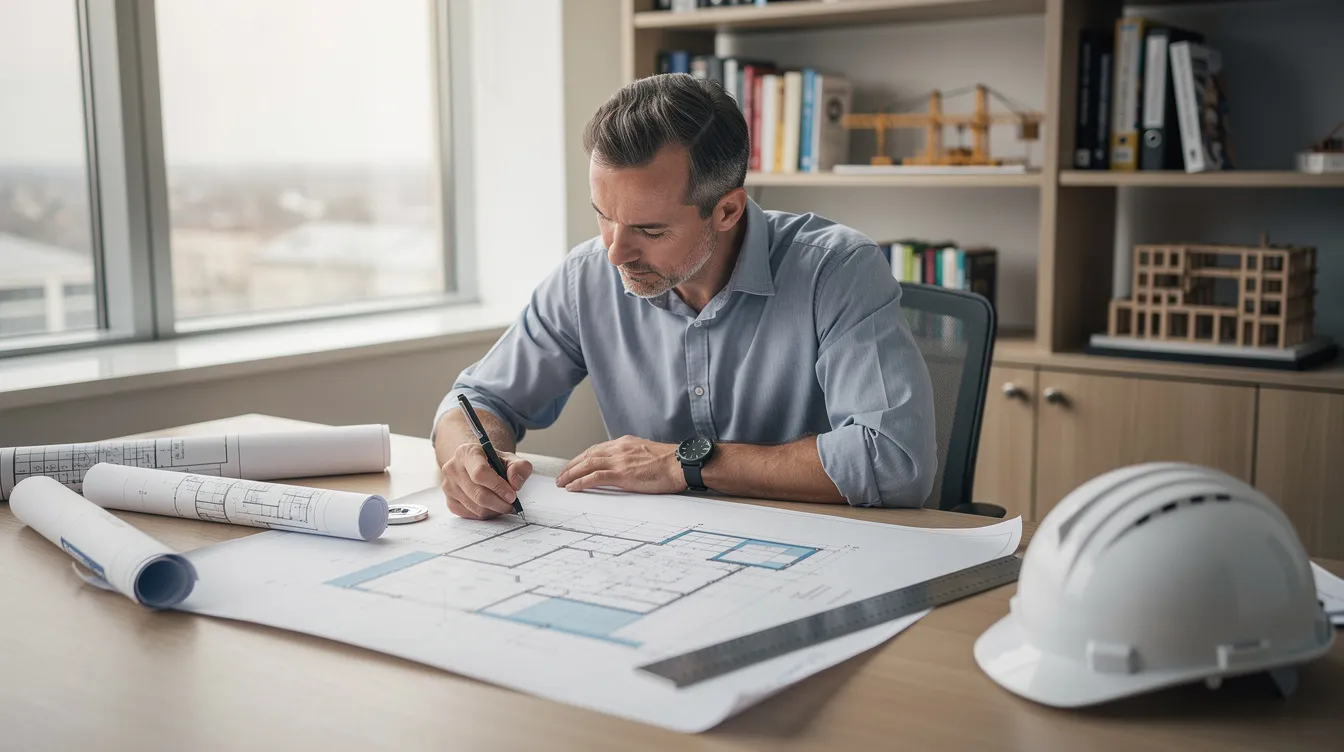Qualified Persons (QP) vs Professional Engineers (PE) Roles in Singapore: What Commercial Building Owners Must Know An engineer, wearing a safety helmet, is seated at a desk, intently reviewing architectural blueprints and documents that pertain to project plans and professional responsibilities. The scene highlights the importance of statutory liability insurance and adherence to safety laws in engineering practice.