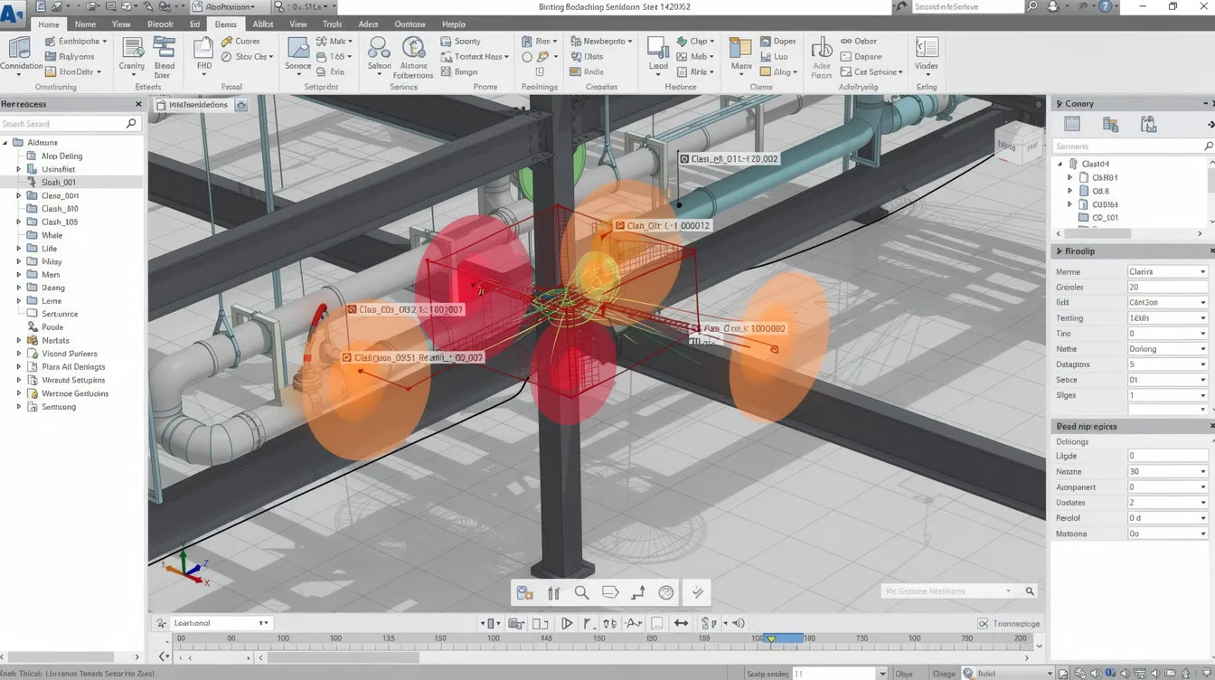 Common Pitfalls in Authority Plan Submissions – And How a Proactive C&S Consultant Avoids Them The image depicts a BIM coordination meeting screen showcasing a federated model, with specific clash zones highlighted between structural beams and mechanical ductwork, illustrating the importance of clear communication and proactive planning to avoid costly mistakes in construction projects. This visual aids project managers and teams in identifying potential issues that may lead to project delays and budget overruns.