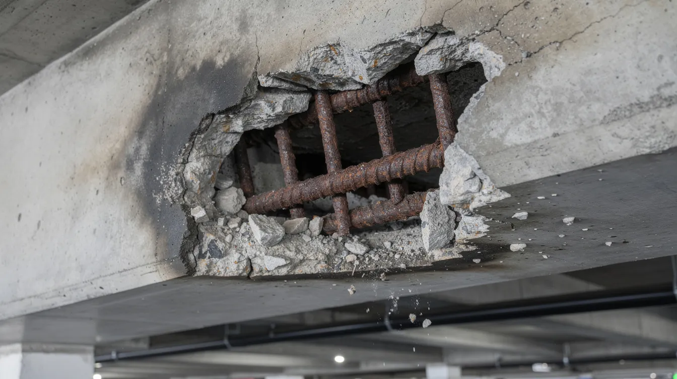 7 Essential Checklist Questions Before Hiring a Civil & Structural Engineering Firm in Singapore The image shows a close-up of concrete spalling on a car park soffit, revealing exposed corroded reinforcement bars, which raises concerns about the structural integrity and safety of the existing structure. This condition highlights the importance of regular site assessments and compliance with construction authority guidelines to ensure the durability of infrastructure projects.