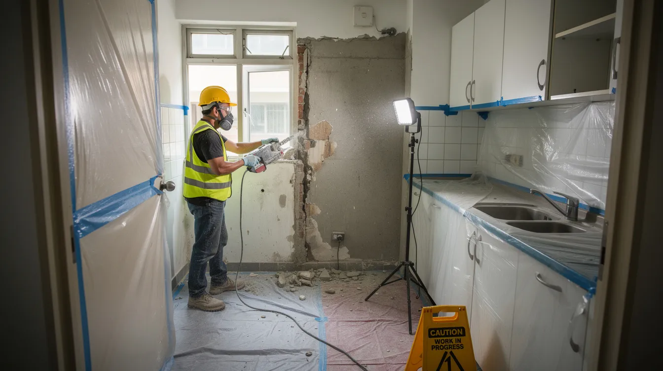 HDB Renovations in Singapore: Regulations, Design, Costs and Compliance (2026 Guide) A contractor is engaged in controlled demolition work in an HDB kitchen, surrounded by protective sheeting to safeguard the rest of the flat. This renovation process is part of a larger project aimed at updating the kitchen layout and installing new cabinets and fixtures.