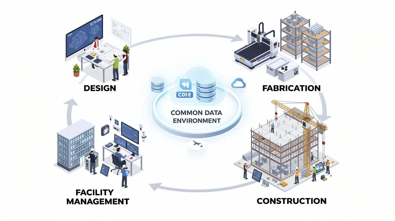 Integrated Digital Delivery (IDD) and Structural BIM Federation in Singapore Projects The image depicts a lifecycle diagram illustrating the interconnected phases of design, fabrication, construction, and facility management, all facilitated through a Common Data Environment. This visual emphasizes the importance of integrated digital delivery (IDD) and digital technologies in enhancing collaboration among project stakeholders throughout the entire construction process.