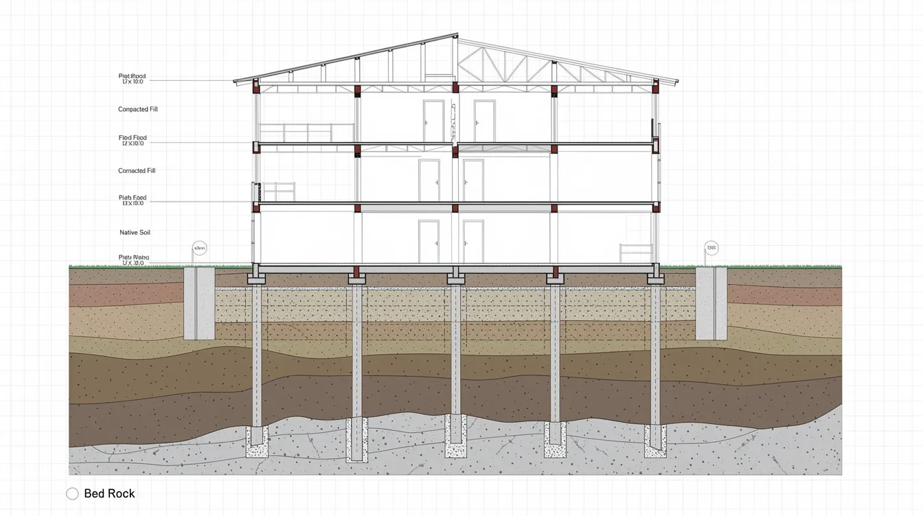 Specialist PE Geo vs PE Civil: When Does Your Project Require Both? The image depicts a cross-section diagram of a building, illustrating structural framing above ground alongside various soil layers, retaining walls, and piles below ground. This detailed representation highlights essential elements of civil engineering and geotechnical analysis, emphasizing the importance of structural integrity and site conditions in complex building projects.