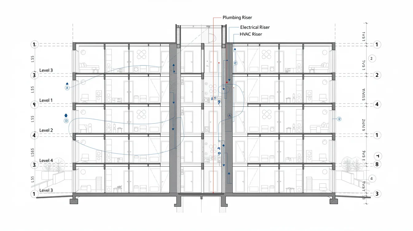 Designing for Prefabricated Prefinished Volumetric Construction (PPVC) in Singapore The image depicts a cross-section diagram of modular apartment units arranged around a central corridor, highlighting the use of prefabricated prefinished volumetric construction (PPVC) systems. This design showcases the structural integrity and efficiency of modular construction, emphasizing the innovative approach to residential projects in the construction sector.