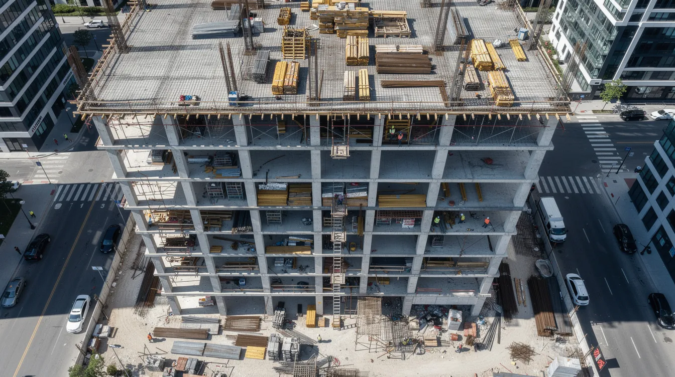 Value Engineering in Structural Design: Cutting Material Costs Without Compromising Safety An aerial view captures a high-rise building under construction, showcasing exposed concrete floors and visible reinforcement bars, indicative of the construction process. This image reflects the principles of value engineering in construction, aiming for cost savings while maintaining structural integrity and project quality.
