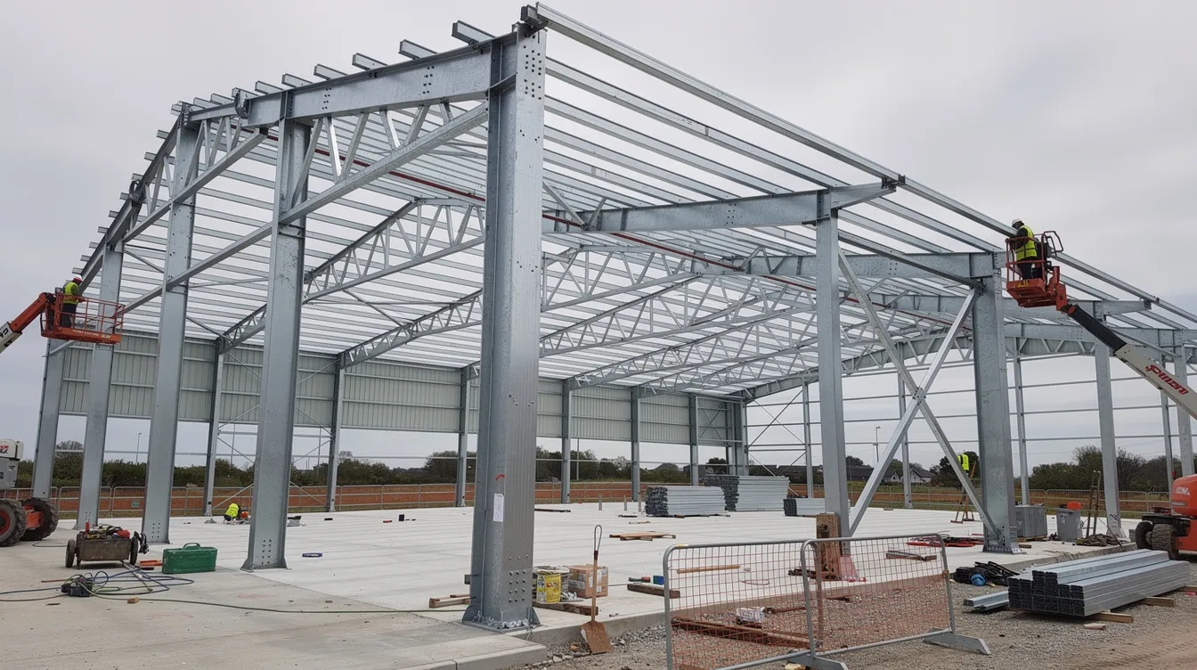 Structural Engineering for Industrial and Logistics Facilities High Load Slabs Heavy Equipment Frames The image depicts a steel portal frame warehouse under construction, showcasing the structural elements such as cross-bracing and purlins, with roof sheeting being installed. This scene emphasizes the structural integrity and design of the steel frame, highlighting the ongoing work to ensure efficient load distribution and stability for future industrial projects.