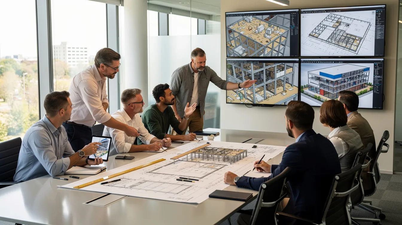Single Discipline vs Multi Disciplinary Consultancies Which Model Fits Your Development? The image depicts an office meeting room where engineers are gathered around a table, reviewing building plans and digital models displayed on screens. This collaborative environment emphasizes interdisciplinary work, as team members from different disciplines integrate their specialized knowledge to advance fundamental understanding and develop innovative solutions for their project.