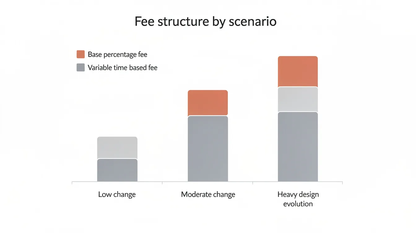 Fee Structures in Singapore C S Consultancies Time Based: A Procurement Guide for 2026 The image depicts a conceptual stacked bar chart illustrating a base percentage fee layer, representing fixed fees, and a variable time-based fee layer on top, with three scenarios labeled as low change, moderate change, and heavy design evolution. This visualization highlights the cost management strategies in professional services, emphasizing the importance of clearly defined scope and cost certainty in construction contracts.