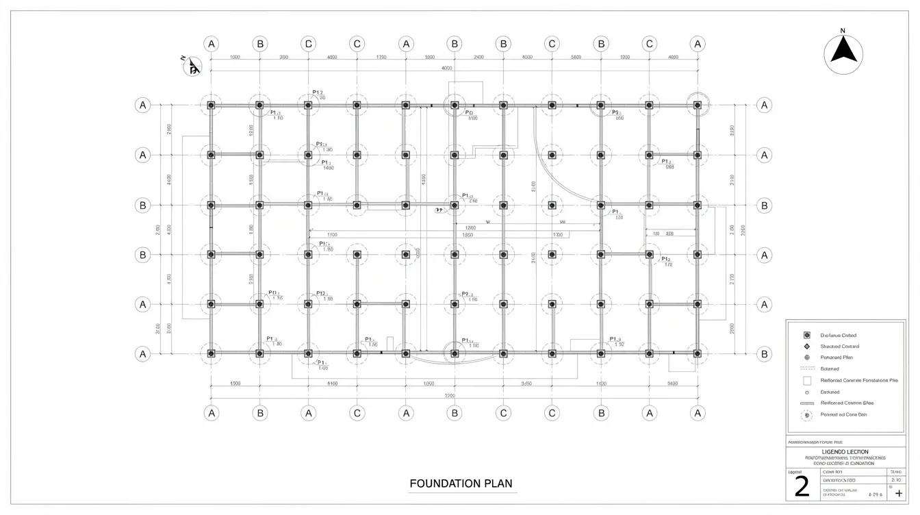 Value Engineering in Structural Design: Cutting Material Costs Without Compromising Safety The image depicts a detailed plan view of a construction site, illustrating the layout of a column grid and foundation piles, which are essential for maintaining structural integrity. This layout reflects effective value engineering practices aimed at optimizing construction costs and ensuring long-term performance without sacrificing quality.