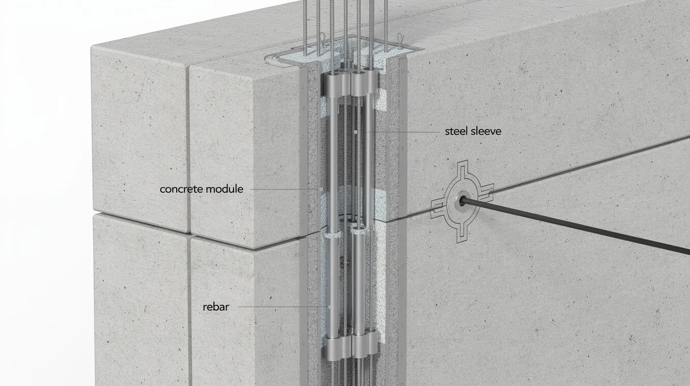 Designing for Prefabricated Prefinished Volumetric Construction (PPVC) in Singapore The image shows a detailed view of grouted sleeve connections between vertically stacked concrete modules, highlighting the structural integrity and assembly of prefabricated prefinished volumetric construction (PPVC) in a high-rise residential project. This modular construction technique enhances construction productivity and efficiency by minimizing double handling and optimizing installation processes.