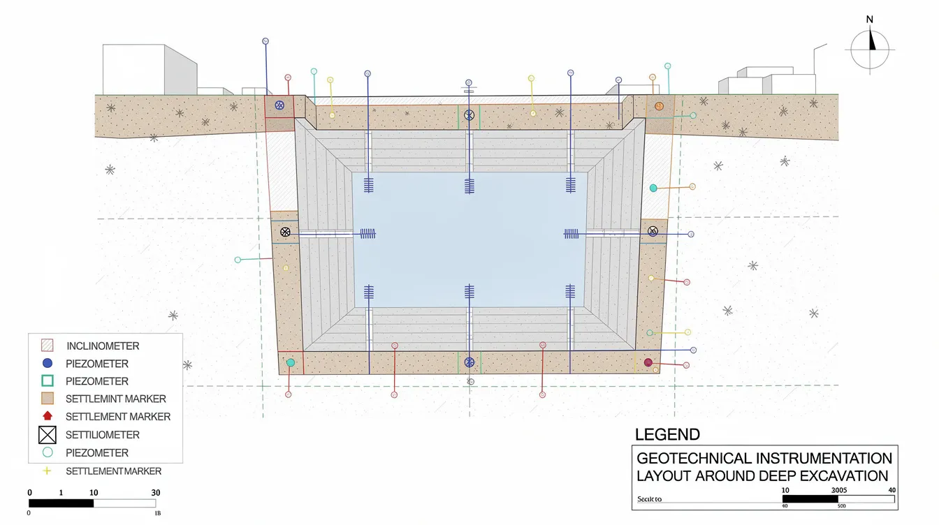 Earth Retaining & Stabilising Structures (ERSS) in Deep Excavations: Managing Geotechnical Risk in Singapore The image depicts a schematic layout of geotechnical instrumentation surrounding a deep excavation, illustrating the positions of inclinometers, piezometers, and settlement markers to monitor ground movement and ensure the stability of earth retaining structures. This setup is essential for managing geotechnical risks in excavation and tunneling projects.
