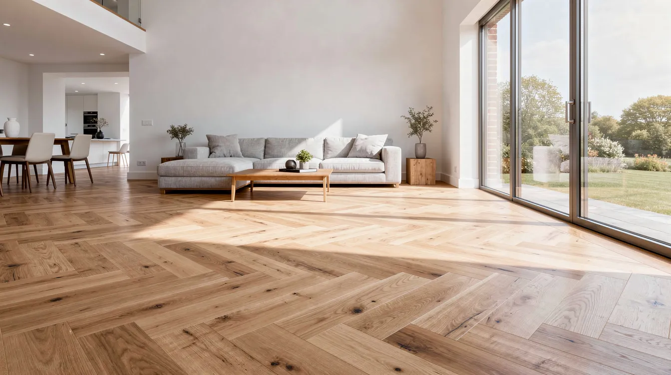 Engineered Wood Floor: Technical Guide for Singapore Homes and Commercial Projects The image features a spacious living area in a landed home, showcasing a herringbone-pattern engineered oak floor that highlights the natural beauty of the wood species. Bathed in natural daylight, the flooring's aesthetic appeal enhances the overall interior design of the room, demonstrating the elegance and durability of engineered wood flooring.