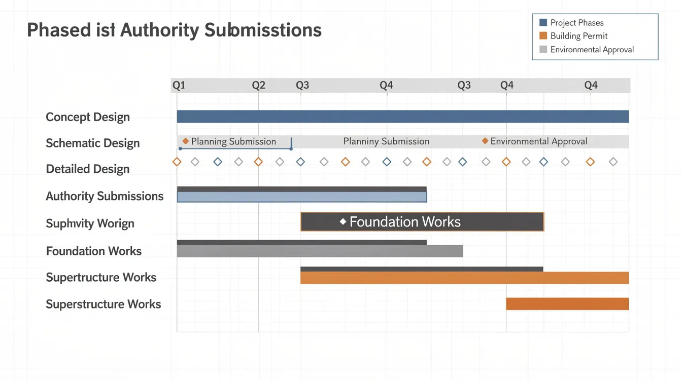Common Pitfalls in Authority Plan Submissions – And How a Proactive C&S Consultant Avoids Them The image depicts a Gantt chart illustrating the phased milestones for authority submissions, aligned with the construction activities of a building project. This visual representation highlights the importance of project timelines, regulatory submissions, and the need for proper planning to avoid costly mistakes and project delays.