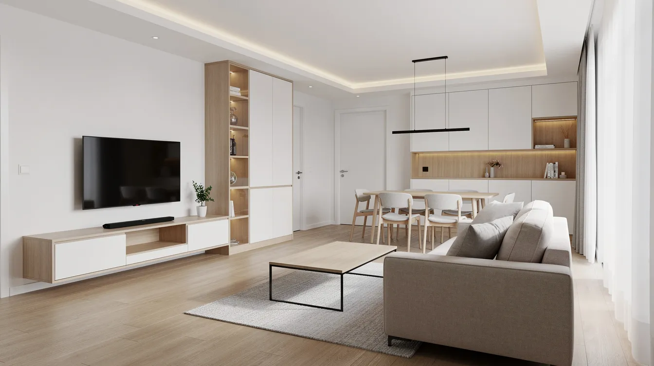 HDB Renovations in Singapore: Regulations, Design, Costs and Compliance (2026 Guide) The image depicts a bright and spacious open-concept HDB living and dining area, showcasing modern flooring and built-in carpentry that enhances the practical layout. This freshly renovated space is designed for daily use, featuring custom storage solutions and well-planned lighting positions, ideal for Singapore homeowners looking to create their dream home.