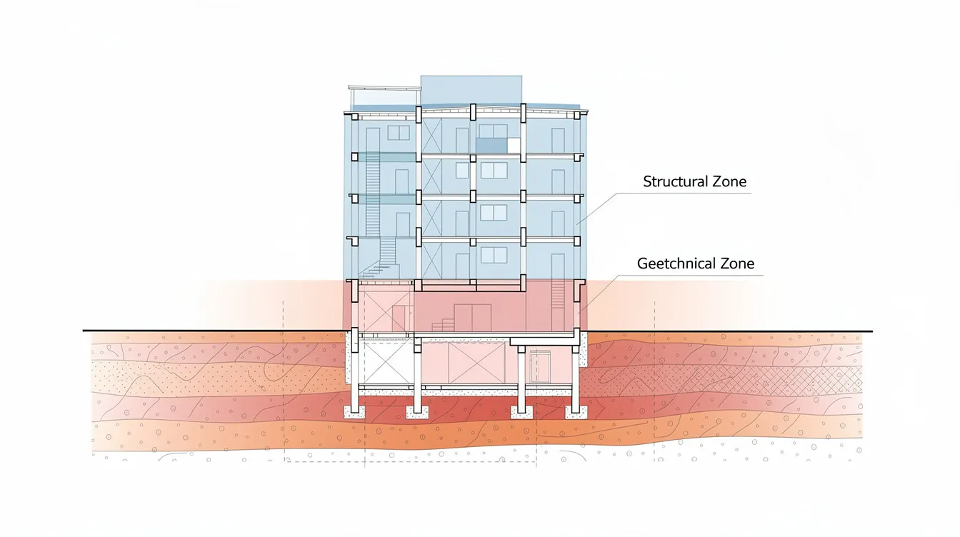 Specialist PE Geo vs PE Civil: When Does Your Project Require Both? The image depicts a detailed cross-section of a building, showcasing a colored overlay that distinguishes the structural zone above ground from the geotechnical zone below. This illustration highlights key elements such as retaining walls, excavation depth, and underground infrastructure, relevant for professional engineers in civil engineering and geotechnical analysis for complex projects.