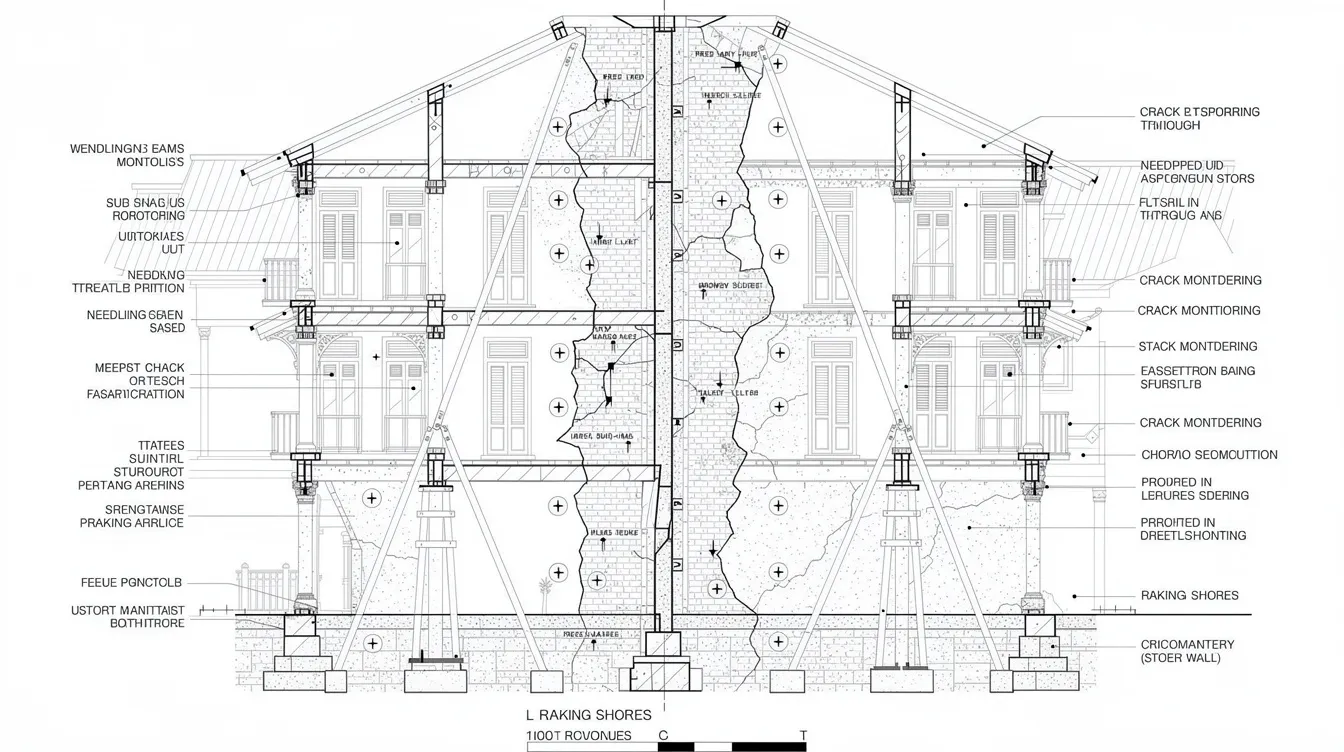 Structural Demolition Design Safety Plans: Sequence, Party Walls & Temporary Works PE Endorsements The image depicts a detailed cross-section sketch of a shared party wall between two shophouses, illustrating the installation of needling beams, raking shores, and crack monitoring points to ensure structural stability during the demolition process. This visual emphasizes the importance of careful planning and safety measures in managing temporary works structures within the construction industry.