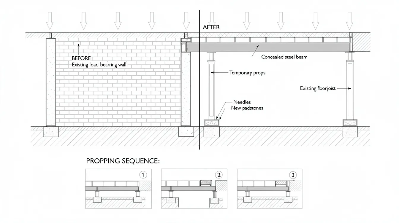 Additions Alterations A A in Land Scarce Singapore Structural Challenges and Solutions The image depicts a before-and-after section drawing illustrating the replacement of a load-bearing wall with a concealed steel beam, highlighting the propping sequence involved in the structural modifications. This visual representation emphasizes the importance of proper planning and adherence to local regulations to ensure the structural integrity of the existing building during the alterations.