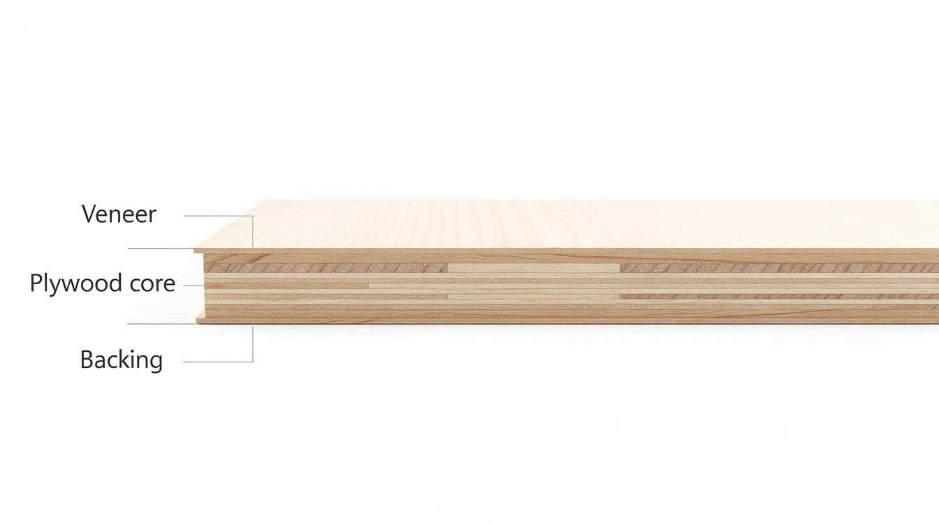 Engineered Wood Floor: Technical Guide for Singapore Homes and Commercial Projects The image shows a close-up cross-section of an engineered wood plank, highlighting the distinct layers including a solid wood top layer made from European oak, a plywood core, and backing layers that enhance durability and dimensional stability. This layered construction showcases the aesthetic appeal and natural beauty of engineered wood flooring, suitable for both residential and commercial settings.