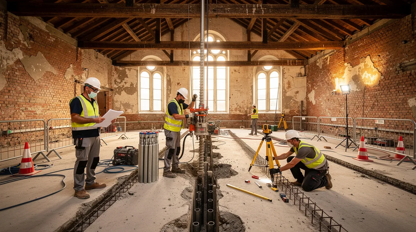 Redeveloping Conservation Buildings in Singapore: Balancing Heritage Preservation with Structural Integrity Workers are seen carefully installing micro-piles inside a heritage building, showcasing exposed brick walls and a timber ceiling, emphasizing the balance between preserving architectural heritage and ensuring structural integrity in Singapore's conservation efforts. This project highlights the importance of adaptive reuse in maintaining the cultural significance of conserved buildings within historic districts.
