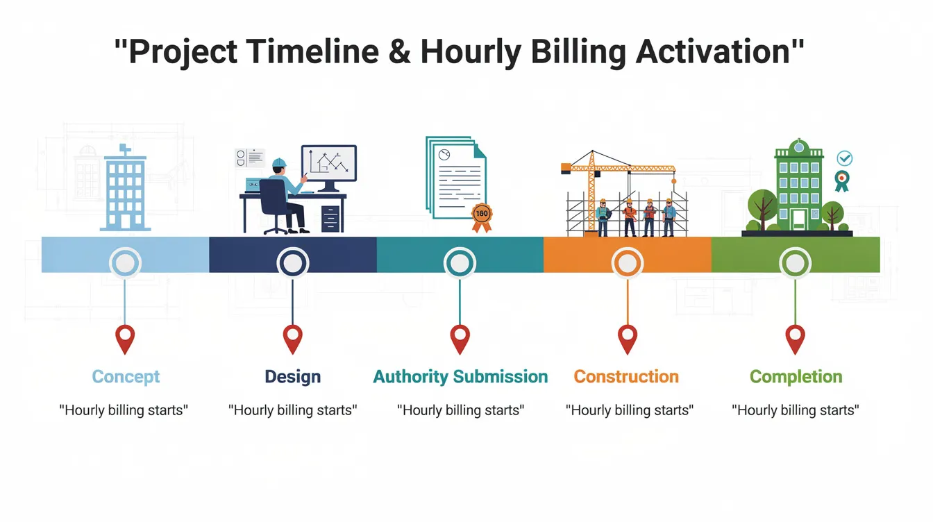 Fee Structures in Singapore C S Consultancies Time Based: A Procurement Guide for 2026 The image depicts a timeline illustrating the progression of a construction project from the concept stage through design, authority submission, construction, and ultimately to completion, with marker icons indicating points where hourly billing typically activates. This visual representation emphasizes the importance of cost management, professional services, and clearly defined scope throughout the various stages of complex projects.
