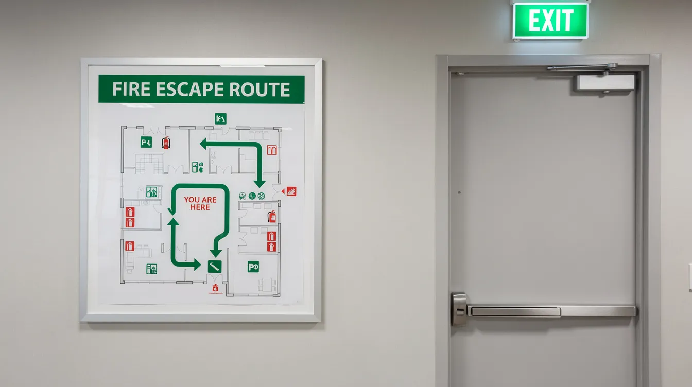 Design and Build: A Complete Guide for Construction Projects in Singapore The image shows a fire safety escape route plan diagram prominently displayed on a building wall next to an emergency exit, designed to guide residents in case of an emergency. The diagram includes clear markings for the escape routes and exit locations to ensure safety.