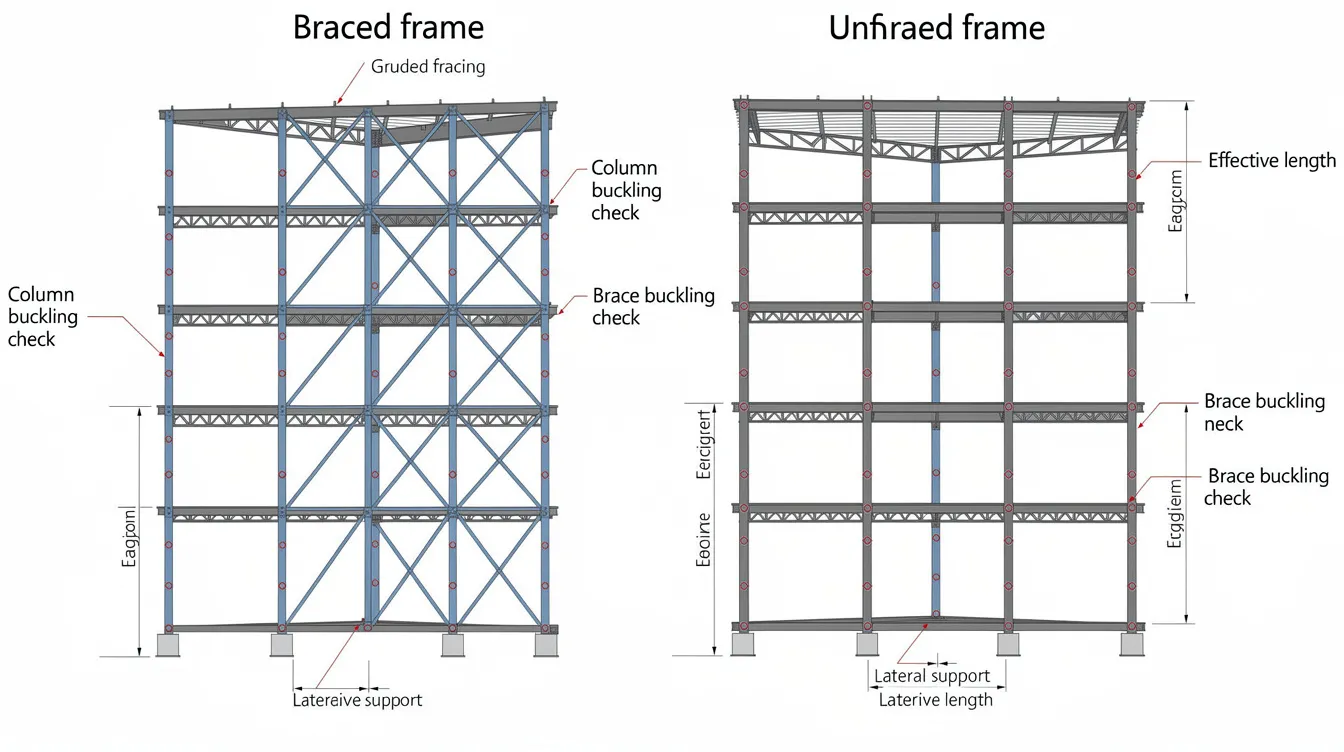 Eurocodes Adapted for Singapore: How Singapore National Annexes Shape Structural Design The image depicts a structural frame diagram comparing braced and unbraced steel frame configurations, with annotated locations for buckling checks. This illustration is relevant for understanding structural design principles in civil engineering, particularly within the context of Singapore's national annex to the Eurocodes.