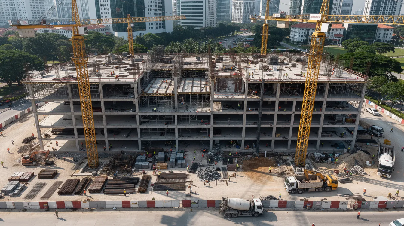 Qualified Persons (QP) vs Professional Engineers (PE) Roles in Singapore: What Commercial Building Owners Must Know An aerial view of a bustling commercial building construction site in Singapore showcases cranes and workers actively engaged in their tasks. The scene reflects the importance of workplace safety and adherence to regulatory bodies, as the project team navigates potential liabilities and statutory responsibilities in their professional roles.