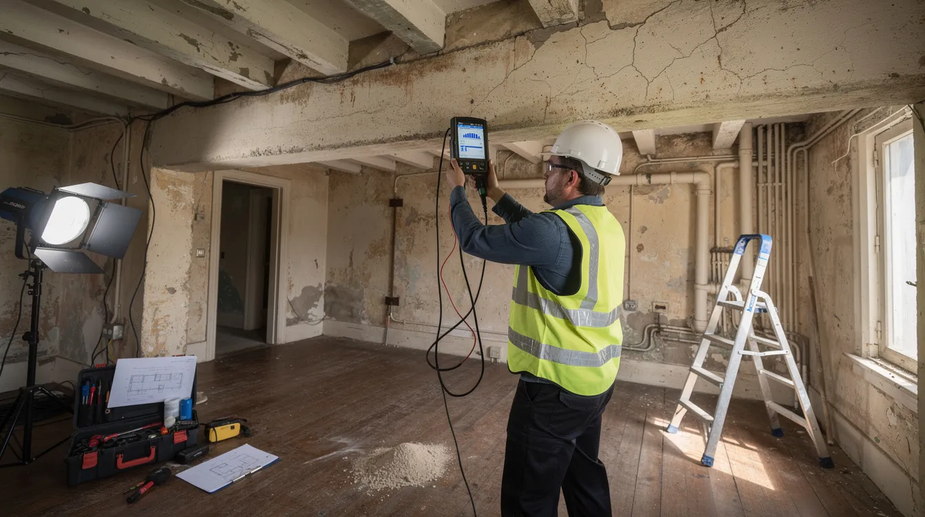 Additions Alterations A A in Land Scarce Singapore Structural Challenges and Solutions A structural engineer is conducting a covermeter scan on a concrete beam within an older residential building to assess its structural integrity. This process is essential for ensuring compliance with local regulations and planning any necessary structural modifications or reinforcement for the existing structure.