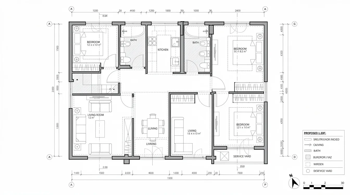 HDB Renovations in Singapore: Regulations, Design, Costs and Compliance (2026 Guide) The image depicts a detailed architectural floor plan of an HDB flat, showcasing proposed layout changes with structural elements, such as walls and electrical points, highlighted. This comprehensive design concept is essential for Singapore homeowners considering renovations, ensuring practical layouts and effective space planning for daily life.