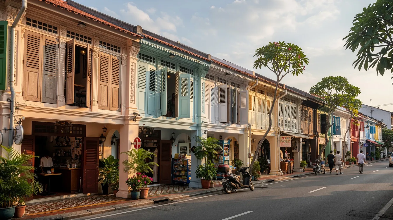 Redeveloping Conservation Buildings in Singapore: Balancing Heritage Preservation with Structural Integrity The image showcases a row of restored heritage shophouses along a historic street in Singapore, featuring original facades, timber shutters, and clay tile roofs that highlight the architectural heritage of the area. These conserved buildings reflect the cultural and historical significance of Singapore's urban conservation efforts.