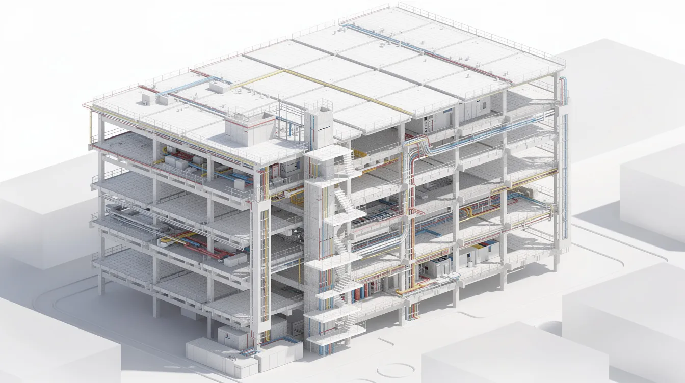Navigating BCA's Buildability and Productivity Mandates for Commercial Projects The image depicts a detailed architectural model showcasing modular floor plates integrated with prefabricated structural elements and standardized service corridors, emphasizing efficient construction methods and compliance with building control regulations. This model reflects principles of buildable design and productivity in the built environment sector, aligning with the Building and Construction Authority's framework for modern construction practices.