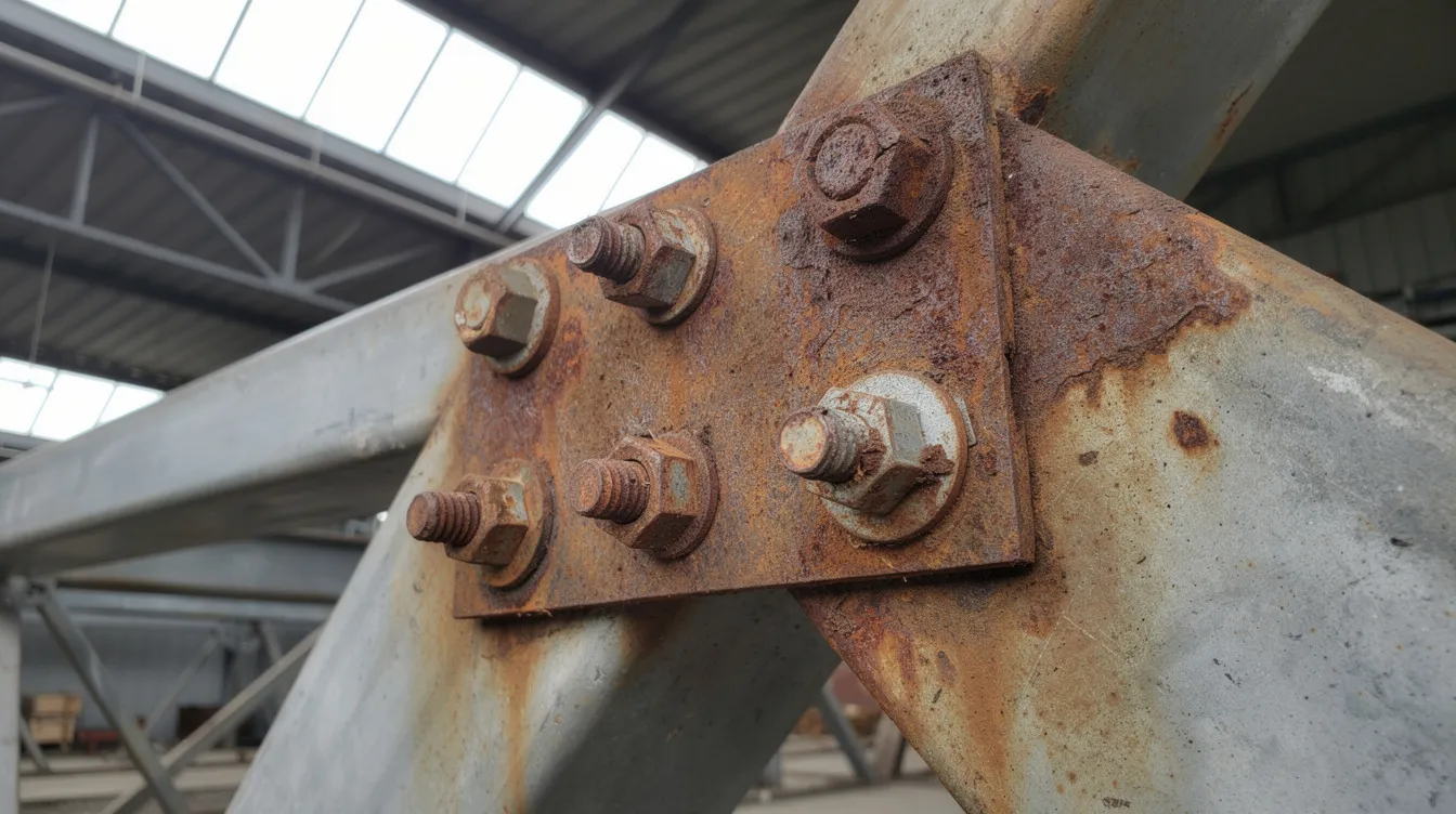 Periodic Structural Inspections (PSI) for Buildings in Singapore: Scope, Requirements & What PEs Look For The image shows a corroded steel connection plate at a roof truss joint in an industrial building, highlighting visible structural defects that may pose safety risks. This condition underscores the importance of periodic structural inspections (PSI) to ensure the integrity of structural elements in non-residential buildings.