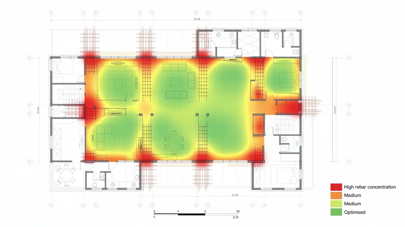 Value Engineering in Structural Design: Cutting Material Costs Without Compromising Safety The image depicts a colour-coded floor plan highlighting material intensity, with red zones representing areas of high rebar concentration and green zones indicating optimized areas for cost savings. This visual aids in understanding value engineering in construction, focusing on reducing costs while maintaining structural integrity and project quality.