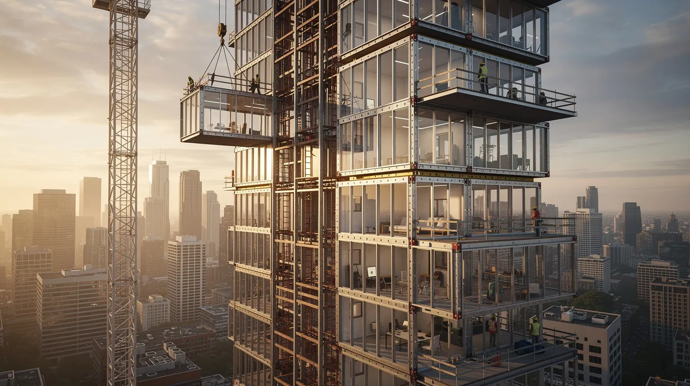 Designing for Prefabricated Prefinished Volumetric Construction (PPVC) in Singapore The image depicts a high-rise residential tower constructed using prefabricated prefinished volumetric construction modules, showcasing the innovative approach of modular construction against a vibrant city skyline. This design emphasizes construction productivity and structural integrity, highlighting the efficiency and quality of modern construction techniques in urban development.