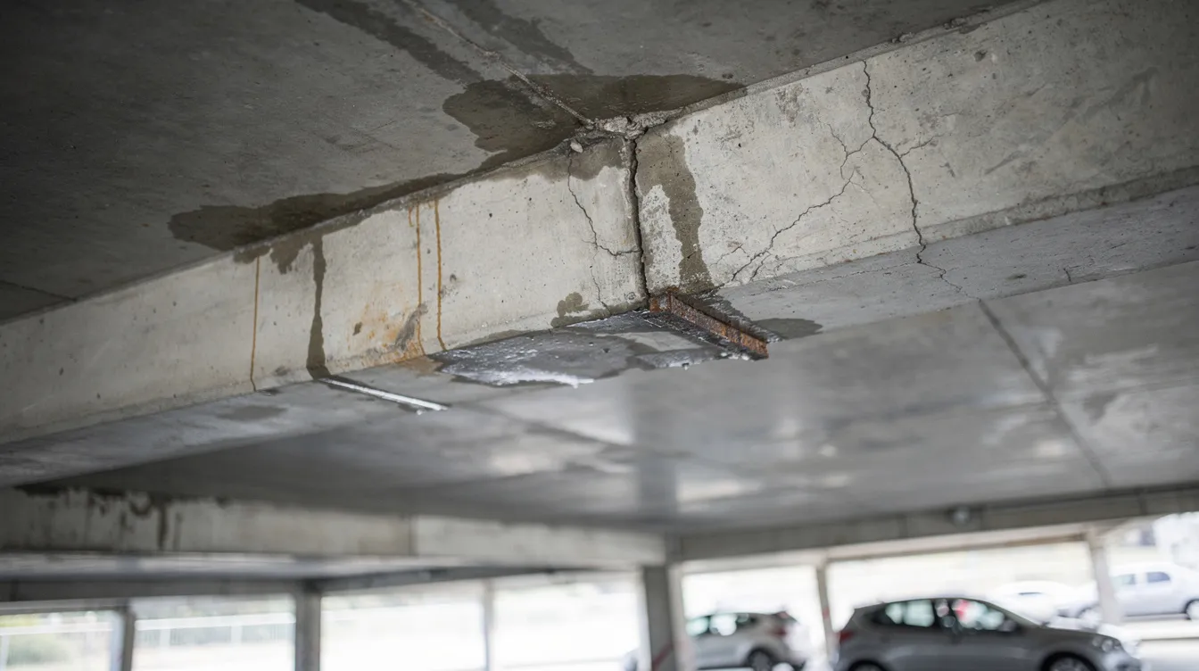 Periodic Structural Inspections (PSI) for Buildings in Singapore: Scope, Requirements & What PEs Look For The image shows water stains and cracking on the underside of a reinforced concrete car park slab, indicating potential structural defects that may require a periodic structural inspection (PSI) to assess the safety risks and overall condition of the building. These visible structural elements highlight the importance of regular evaluations by registered professional engineers to ensure compliance with the Building Control Act and the guidelines set by the Building and Construction Authority.