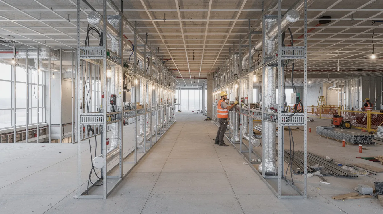 Navigating BCA's Buildability and Productivity Mandates for Commercial Projects The image depicts an open office floor currently under construction, showcasing modular MEP service racks installed along a standardized corridor zone. This setup reflects efficient construction methods and aligns with the building and construction authority's regulations for productivity in building projects.