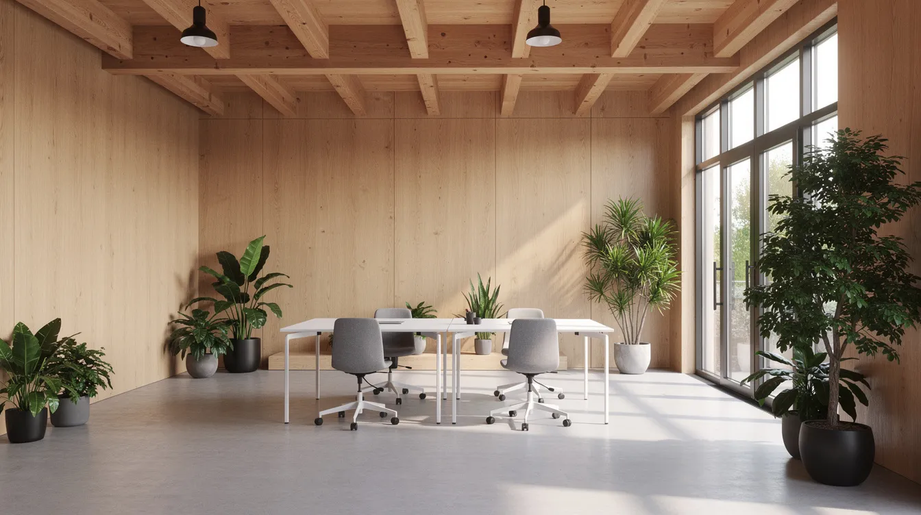 Mass Engineered Timber (MET) and Hybrid Structural Systems: Carbon Reduction in Local Construction The image depicts a bright modern office interior featuring exposed mass timber construction with ceiling beams and natural wood walls, complemented by large windows allowing daylight to flood the space, and adorned with green plants that enhance the sustainable design. This environment showcases the benefits of engineered wood products, promoting a lower carbon footprint and supporting environmental sustainability in the construction sector.