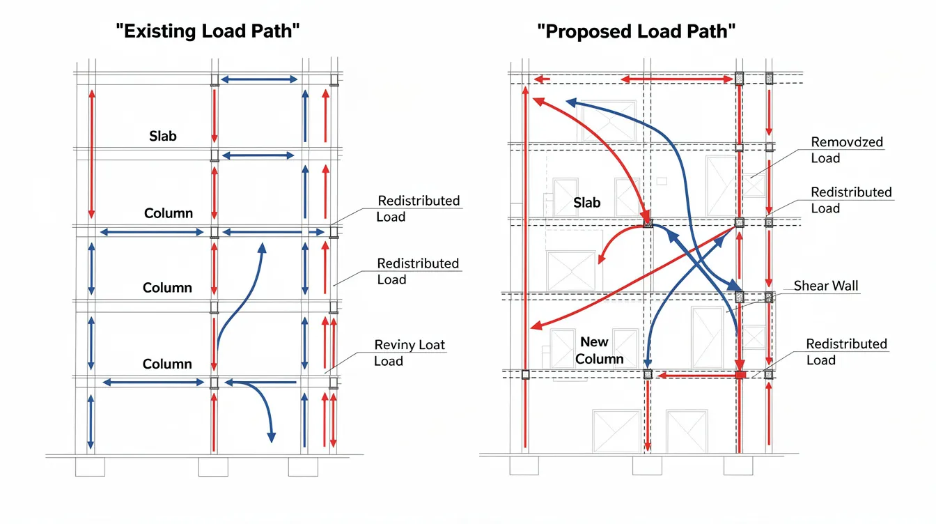 Additions Alterations A A in Land Scarce Singapore Structural Challenges and Solutions The schematic illustrates the existing building load paths through structural elements such as slabs, columns, and walls, alongside proposed additions and alterations that redistribute loads for improved structural integrity. It highlights the complexities involved in project management and regulatory compliance as the project scope evolves under the guidance of qualified professionals in line with local regulations.