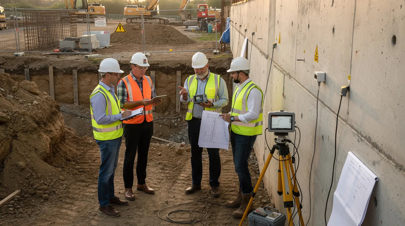Specialist PE Geo vs PE Civil: When Does Your Project Require Both? The image depicts a site supervision scene at an excavation site, where workers, including a registered professional engineer, are reviewing instrument readings near a retaining wall. They are focused on ensuring the structural integrity and safety of the deep excavation while monitoring soil parameters and site conditions.