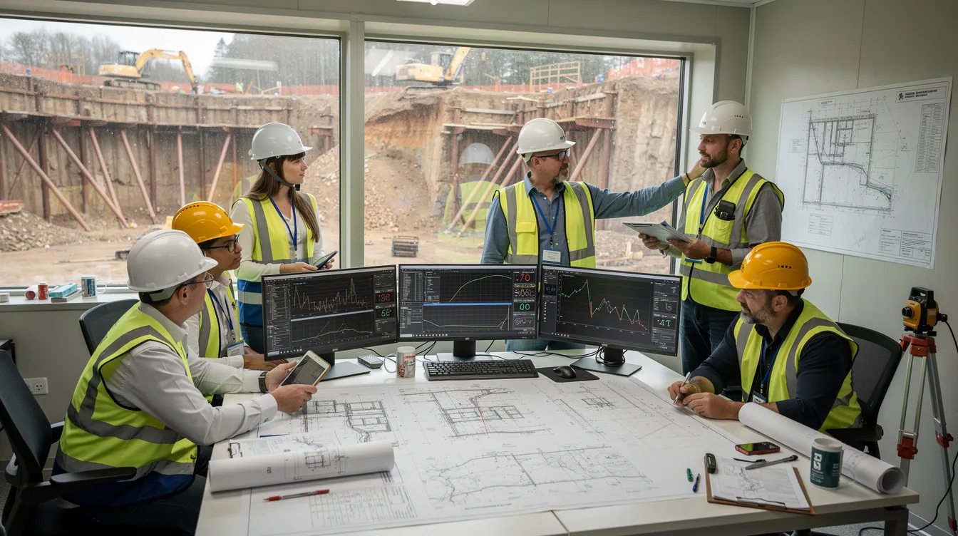 Earth Retaining & Stabilising Structures (ERSS) in Deep Excavations: Managing Geotechnical Risk in Singapore An engineering team is gathered in an office at a deep excavation site, reviewing monitoring data and detailed construction plans. The focus is on ensuring the stability of earth retaining structures and managing geotechnical risks associated with the excavation and tunneling projects.