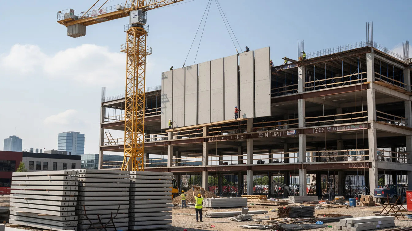 Navigating BCA's Buildability and Productivity Mandates for Commercial Projects The image depicts a construction site where prefabricated concrete panels are being lifted by a tower crane onto the frame of a multi-storey commercial building, showcasing efficient construction methods in action. This scene highlights the integration of prefabricated components in building projects, aligning with the building and construction authority's focus on productivity and buildability regulations.